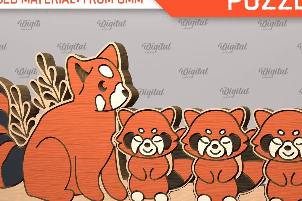 Σετ των 2 Intra απο ξύλο plywood 3mm-4mm πάχος – Red Panda Family Puzzle Δίασταση 20x20 cm INTRAFABR-99619275