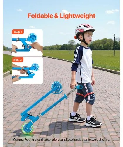 VEVOR Kick Scooter for Kids Ages 3+, 2-Wheel Toddler Scooter with Light-Up Wheels, Adjustable Height Handlebar, Wide Anti-Slip Deck, Foldable Lightweight Frame for Boys and Girls up to 49.9 kg, Blue