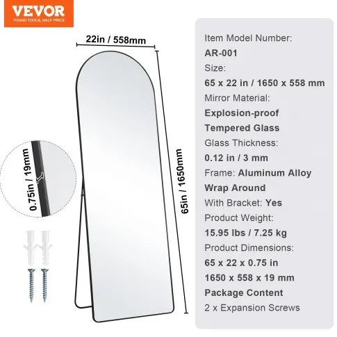 VEVOR Arched Full Length Mirror 65&#039;&#039; x 22&#039;&#039; Full Body Mirror Standing Hanging