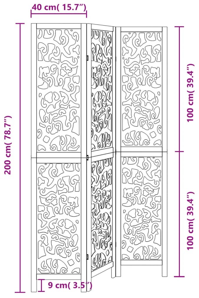 Διαχωριστικό Χώρου με 3 Πάνελ Μαύρο από Μασίφ Ξύλο Παυλώνιας - Μαύρο