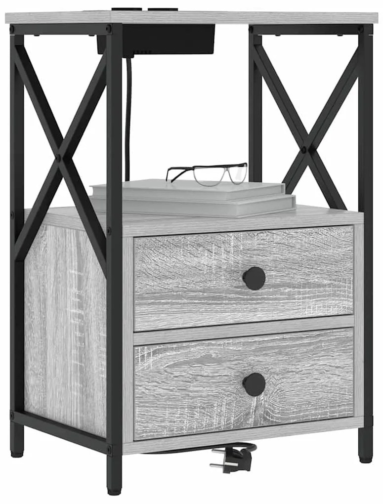 vidaXL Κομοδίνο με Σταθμό Φόρτισης με συρτάρι 2 pcs Γκρι sonoma