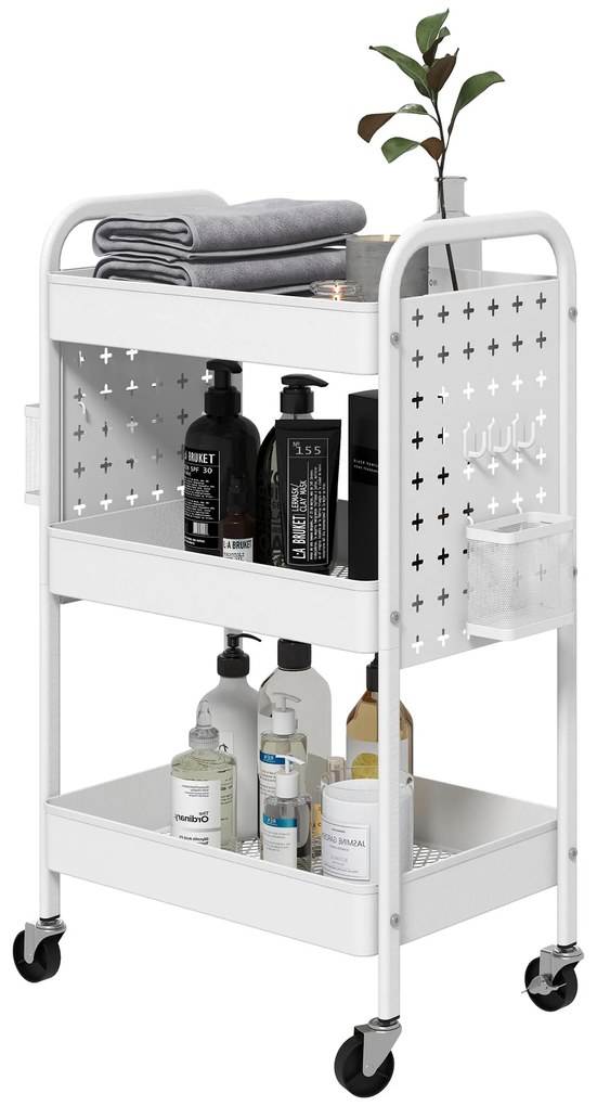HOMCOM Πολυλειτουργικό καρότσι, καρότσι κουζίνας, 3 ράφια, 4 τροχοί, 53,5 cm x 30,5 cm x 75 cm, Λευκό