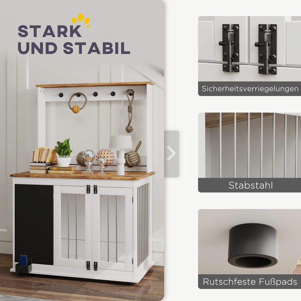 PawHut Κλουβί σκύλου με ράφι αποθήκευσης για παιχνίδια, γάντζους για λουριά, πίνακα γραφής, σβήστρα, για μεγάλους σκύλους, Λευκό