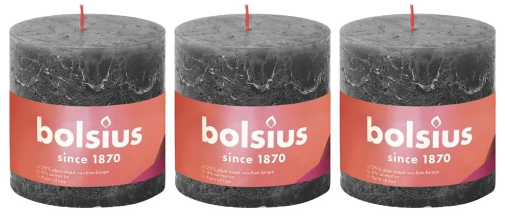 Bolsius Κεριά Κύλινδρος Ρουστίκ Shine 3 τεμ. Θυελλώδες Γκρι 100x100χιλ