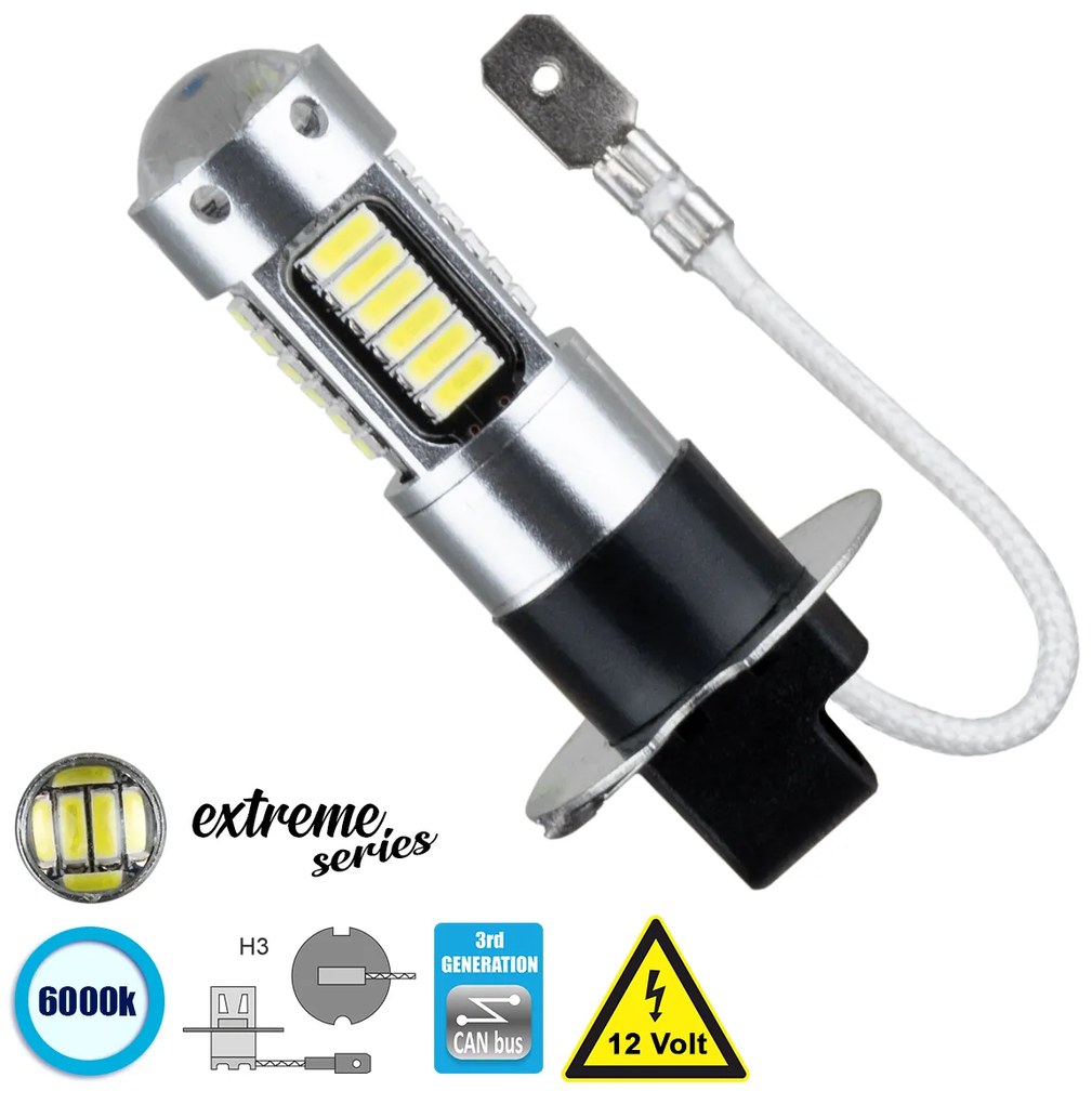 GloboStar® 81412 Λάμπα Αυτοκίνητου H3 3rd Generation Can-Bus Extreme Series LED 30 SMD 4014 6W 900lm 360° DC 12V IP20 Ψυχρό Λευκό 6000K