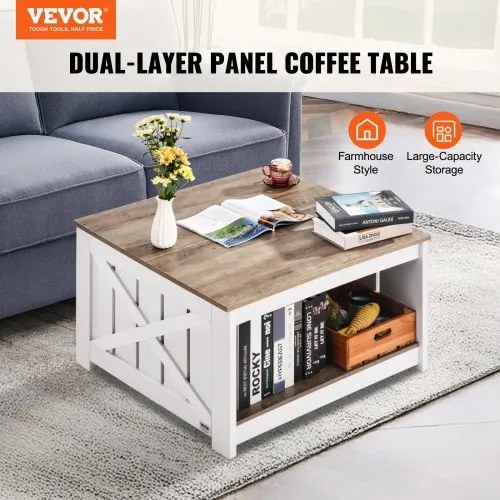 VEVOR 31.5&quot; Farmhouse Coffee Table Square Table with Open Storage Compartment