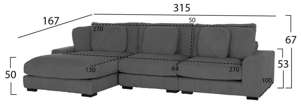 Γωνιακός Καναπές CRANFIELD Αριστερή γωνία Γκρί Ριγέ ύφασμα 313x169x80Υεκ. 313x169x80 εκ.