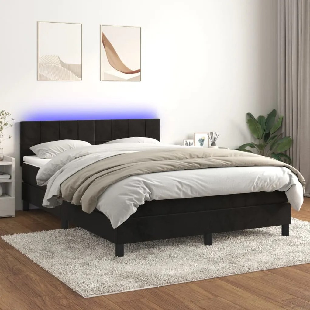 Κρεβάτι Boxspring με Στρώμα &amp; LED Μαύρο 140x190 εκ. Βελούδινο