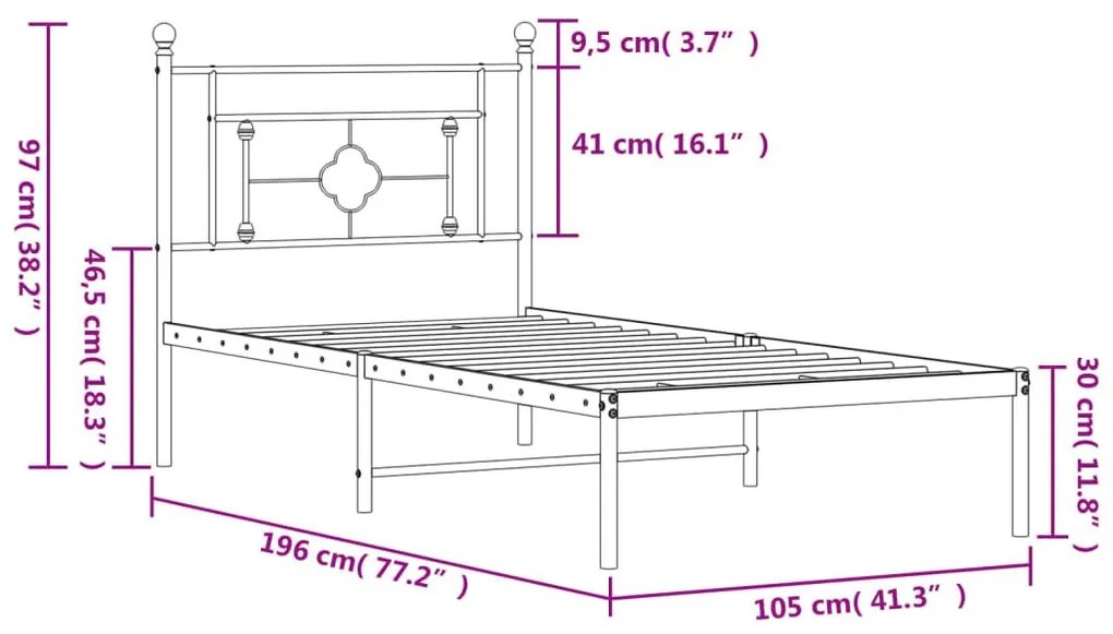 Πλαίσιο Κρεβατιού με Κεφαλάρι Μαύρο 100 x 190 εκ. Μεταλλικό - Μαύρο