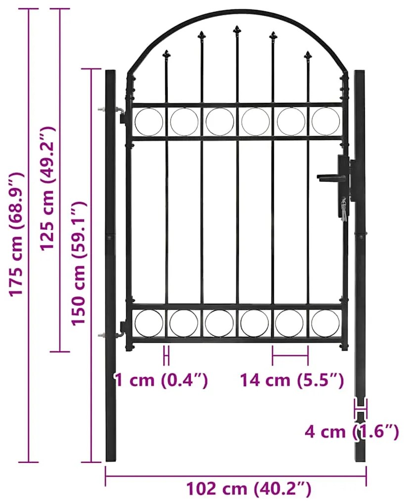 vidaXL Πόρτα Περίφραξης με Αψιδωτή Κορυφή Μαύρη από Ατσάλι 104 x 125 εκ.