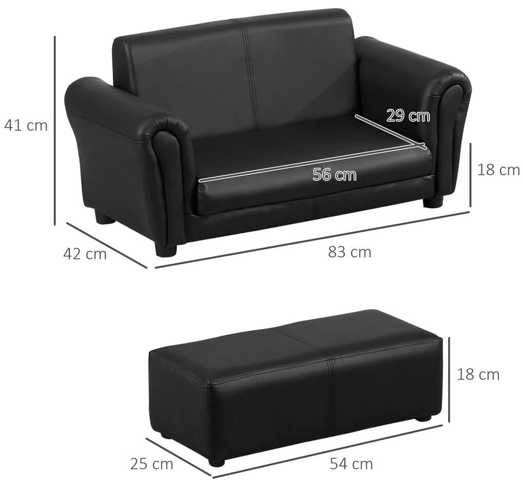 Παιδικό καναπεδάκι HOMCOM με υποπόδιο, παιδικός καναπές με υποπόδιο, παιδικός καναπές, μαύρος, 83 x 42 x 41 εκ.