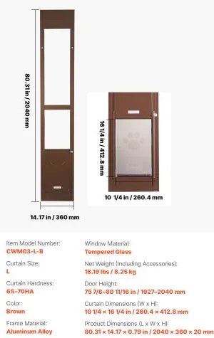 VEVOR Dog Door for Sliding Glass Door, 1927 mm to 2040 mm Adjustable Height, Aluminum Alloy Frame with Rotating Hinges, Lock Design, 260.4 x 412.8 mm Flap, Sliding Glass Pet Door for Renters