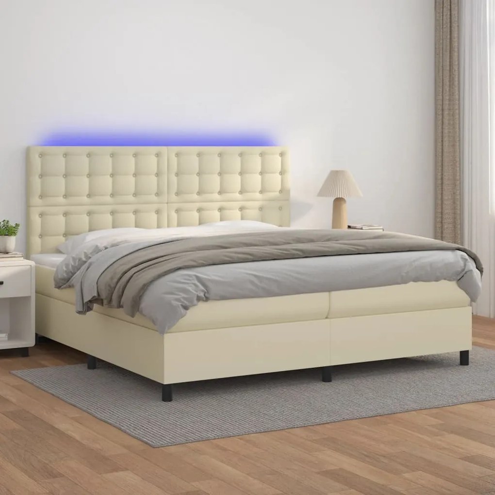 vidaXL Κρεβάτι Boxspring με Στρώμα & LED Κρεμ 200x200 εκ. Συνθ. Δέρμα