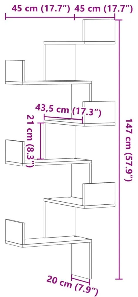 Γωνιακή Ραφιέρα Τοίχου Λευκή 45x45x147 εκ. από Επεξ. Ξύλο - Λευκό