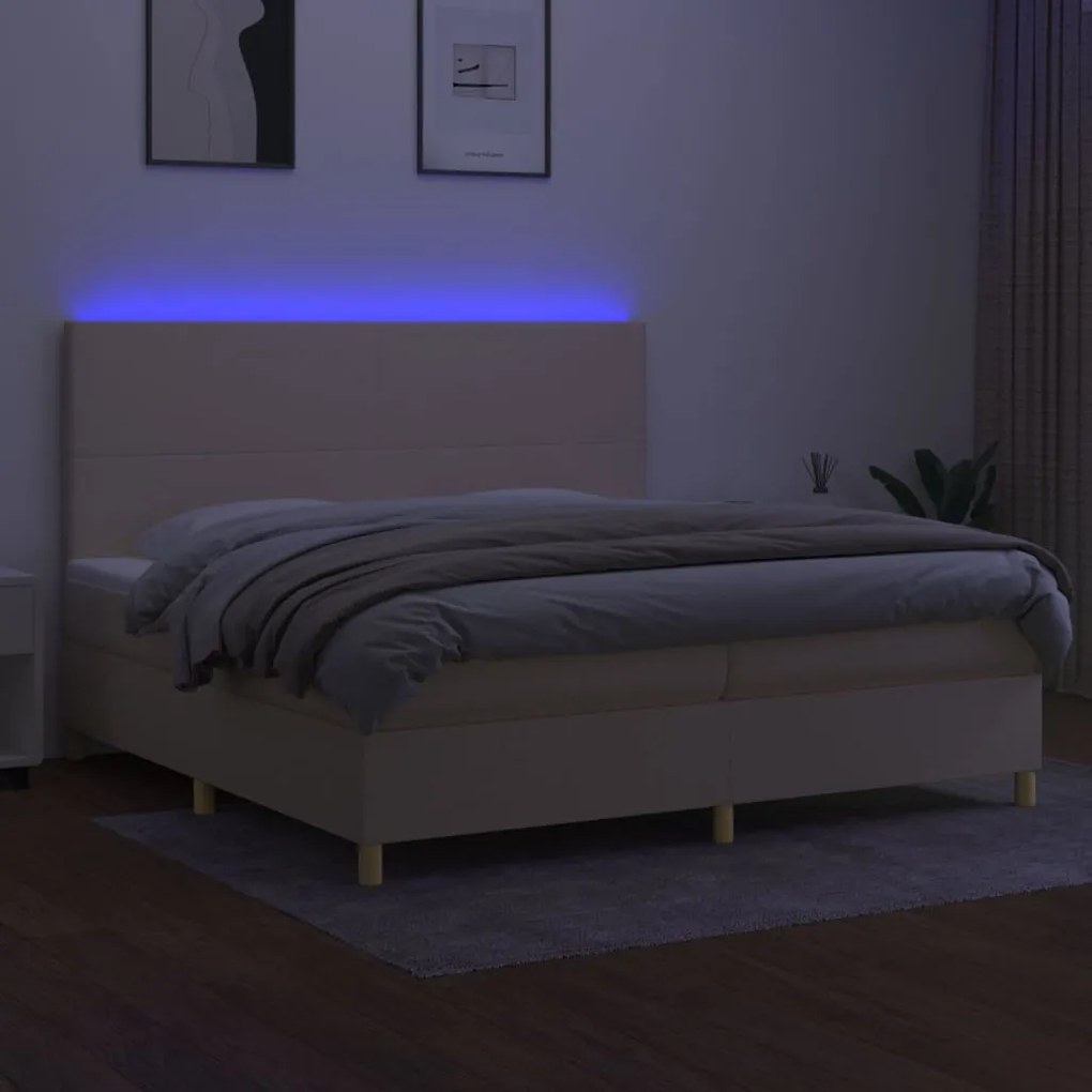 Κρεβάτι Boxspring με Στρώμα &amp; LED Κρεμ 200x200 εκ. Υφασμάτινο - Κρεμ