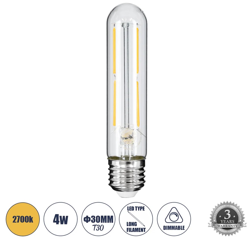 GloboStar 99019 Λάμπα LED Long Filament E27 T30 Σωλήνας 4W 400lm 360° AC 220-240V IP20 Φ3 x Υ13.5cm Θερμό Λευκό 2700K με Διάφανο Γυαλί - Dimmable - 3 Years Warranty - 99019