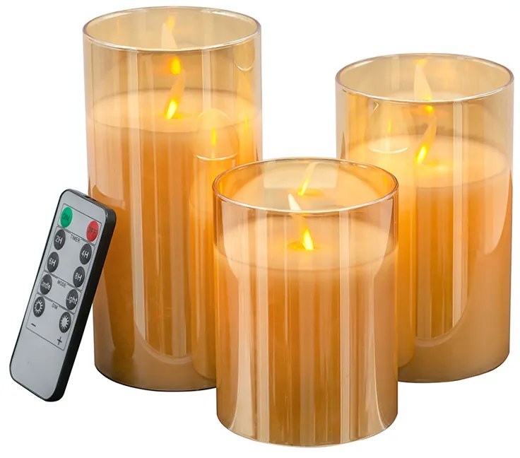 Artekko Flame Κερί Led με Τηλεχειριστήριο Γυαλί Κερί Πορτοκαλί Σέπια (7.6x7.6x15.2)cm Σετ/3 Artekko 470006-AMBE-DS