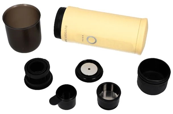 Φορητή μηχανή espresso BUYDEEM Nano OTEM-01, 7500 mAh, 20 bar, 50 ml, 12/24V, φόρτιση USB και Type-C, έδαφος + κάψουλες, κίτρινο