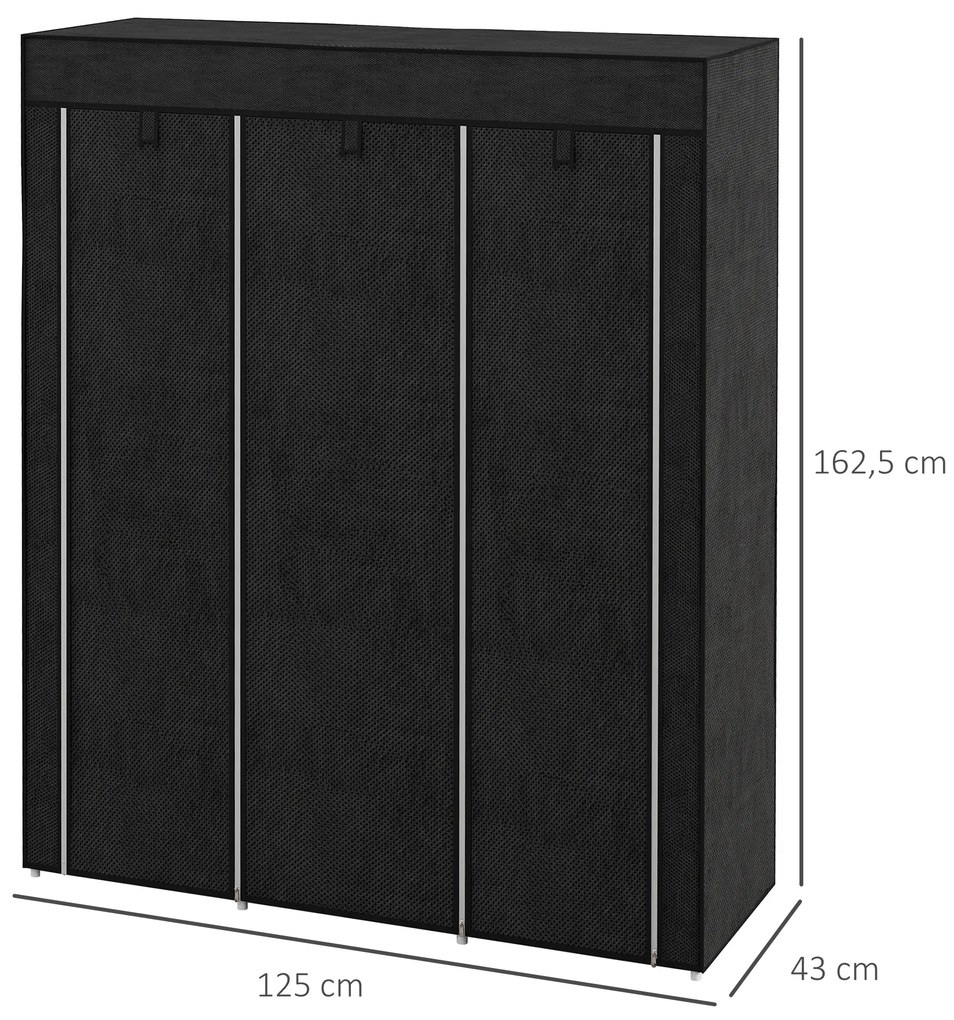 HOMCOM Υφασμάτινη ντουλάπα, λύση αποθήκευσης, 8 ράφια, 2 ράγες ρούχων, μαύρο