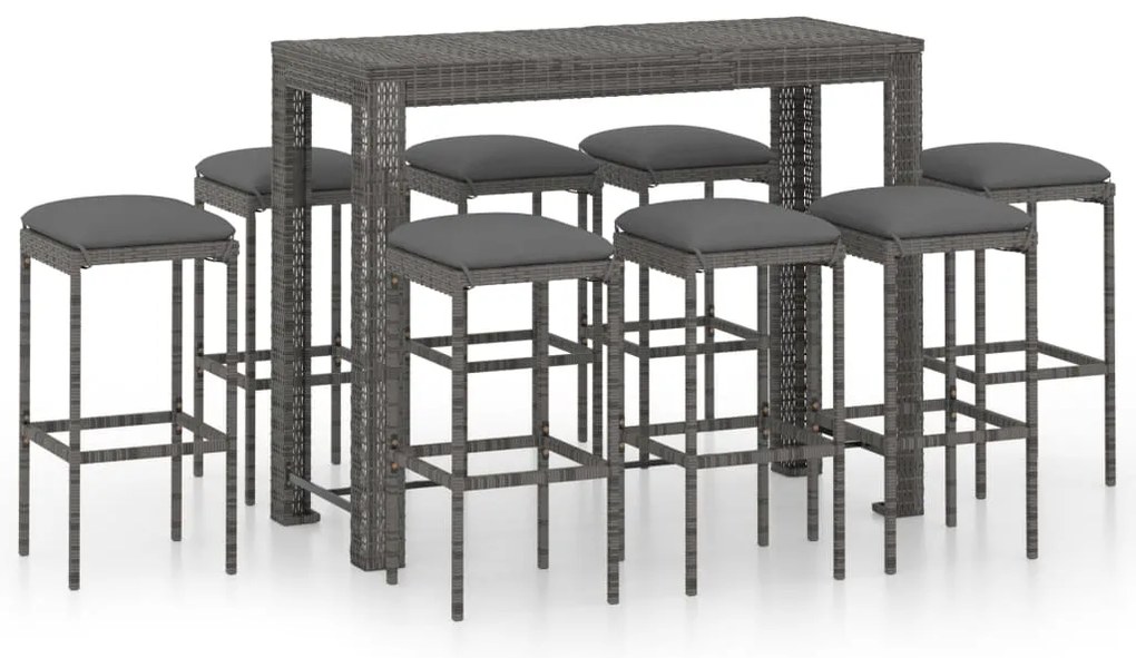 vidaXL Σετ Επίπλων Μπαρ Κήπου 9 τεμ. Γκρι Συνθετικό Ρατάν με Μαξιλάρια