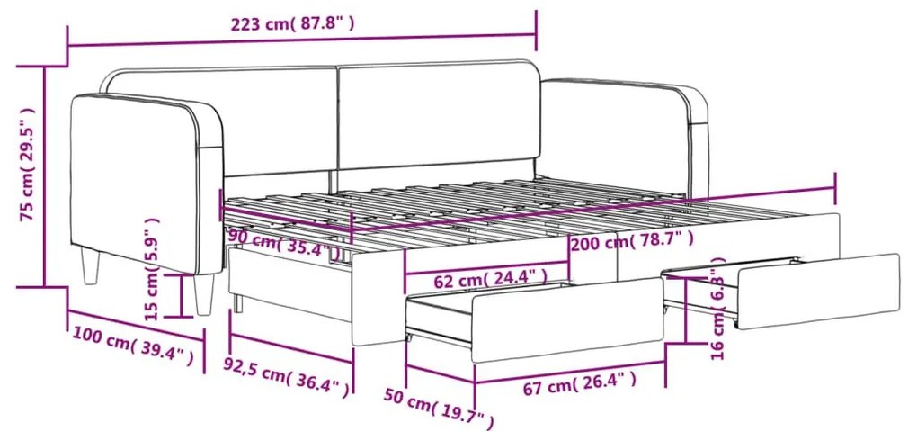 Καναπές Κρεβάτι Συρόμενος Μαύρος 90x200 εκ. Ύφασμα &amp; Συρτάρια - Μαύρο