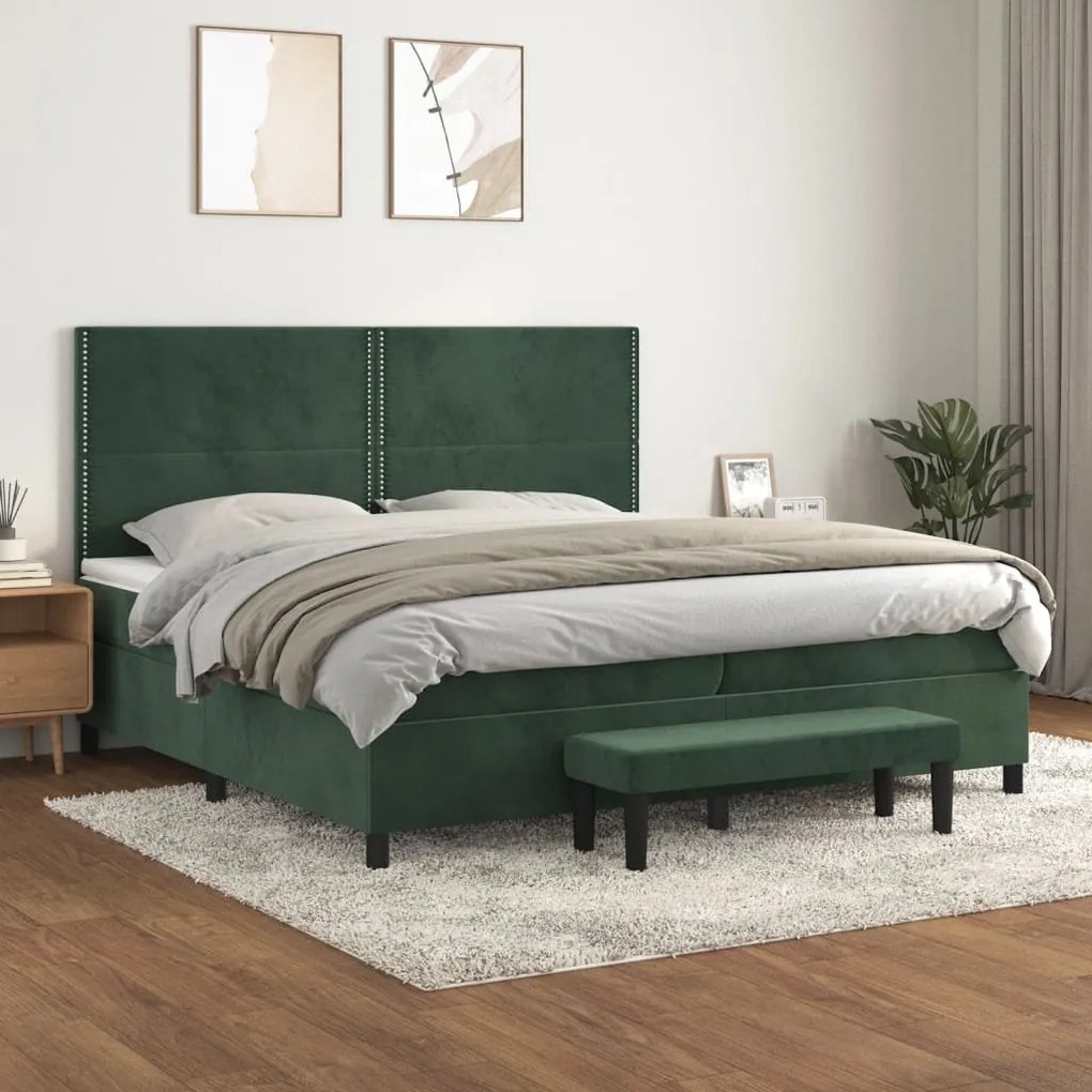 vidaXL Κρεβάτι Boxspring με Στρώμα Σκούρο Πράσινο 200x200εκ. Βελούδινο