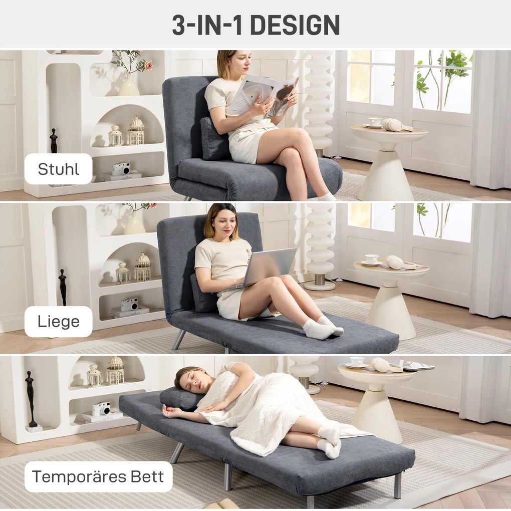 HOMCOM Πολυθρόνα με λειτουργία κρεβατιού, σχεδιασμός 3-σε-1, καναπές-κρεβάτι, κρεβάτι επισκεπτών, κάλυμμα υφάσματος, με μαξιλάρι, Σκούρο γκρι