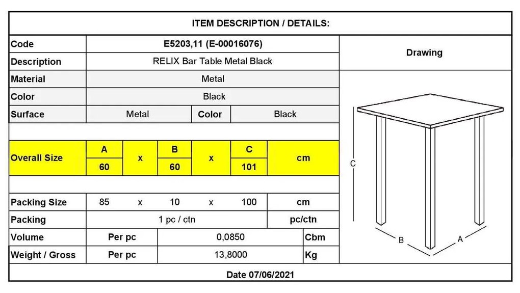 Τραπέζι RELIX  BAR 60x60 Μαύρο