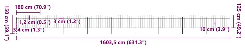 vidaXL Κάγκελα Περίφραξης με Λόγχες Μαύρα (1,25-1,5)x15,3 μ. Ατσάλινα