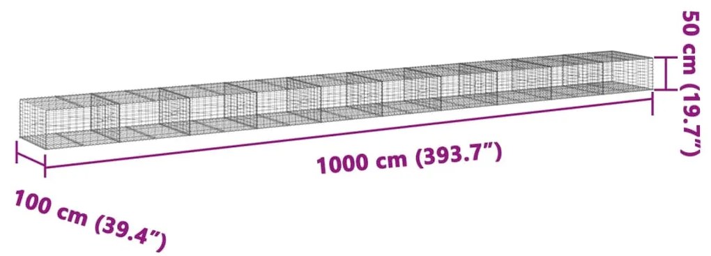 Συρματοκιβώτιο με Κάλυμμα 1000x100x50εκ από Γαλβανισμένο Χάλυβα - Ασήμι