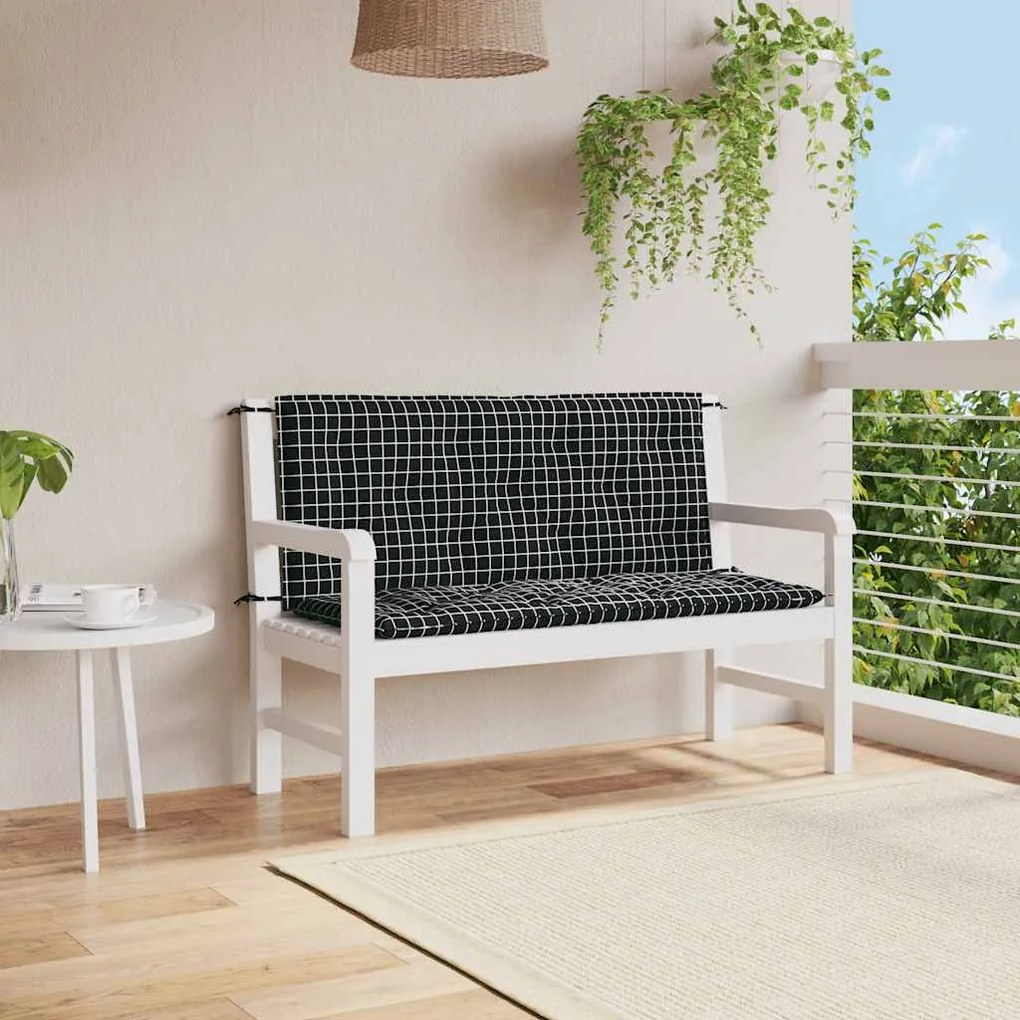 vidaXL Μαξιλάρια Πάγκου Κήπου 2 τεμ. Μαύρο Καρό 120x50x7 εκ. Ύφασμα