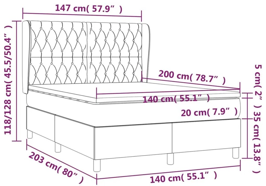 Κρεβάτι Boxspring με Στρώμα Σκούρο Γκρι 140x200 εκ Υφασμάτινο - Γκρι