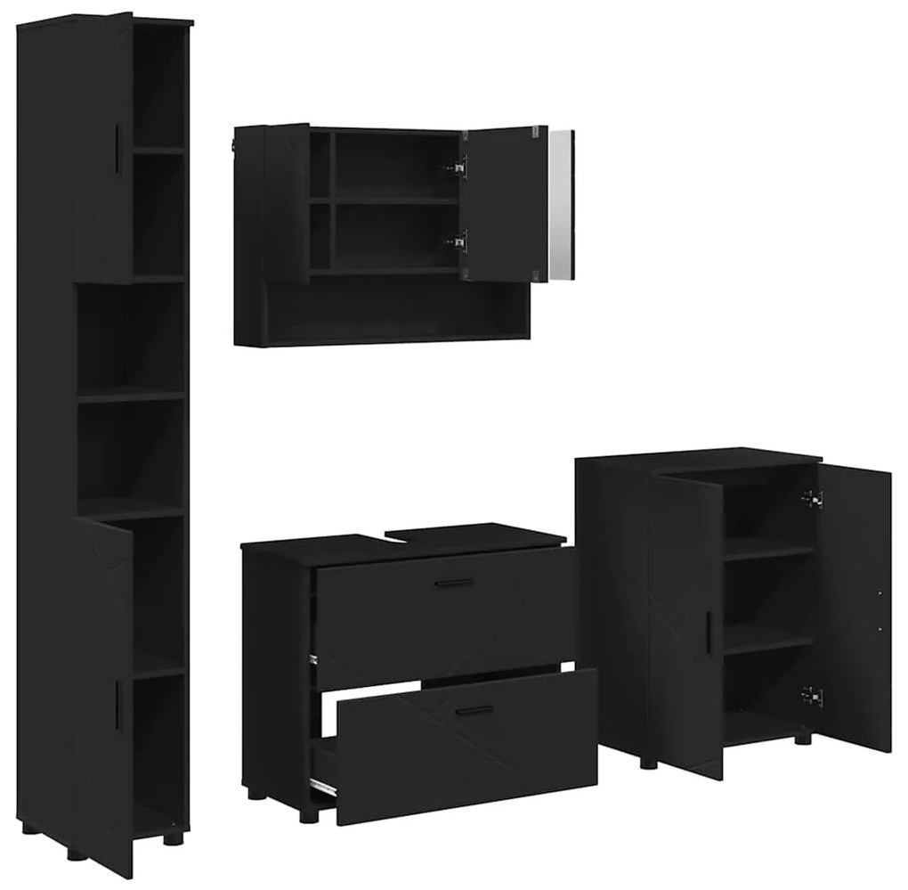 vidaXL Σετ Επίπλων Μπάνιου με συρτάρι με ράφι Επιτοίχιο 4 pcs Μαύρο