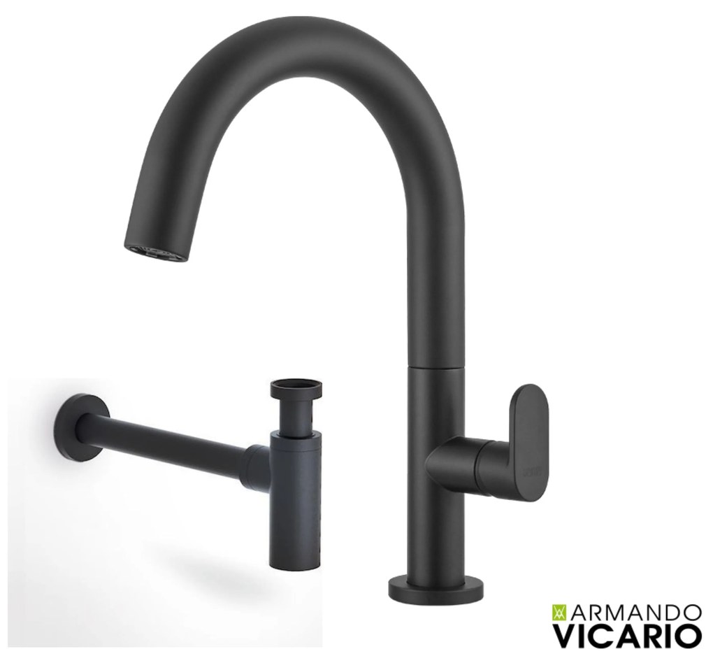 Armando Vicario Slim Black Matt Μεσαία Μπαταρία Νιπτήρος με βαλβίδα clic-clac+Σιφών 500040-400 R0262-400