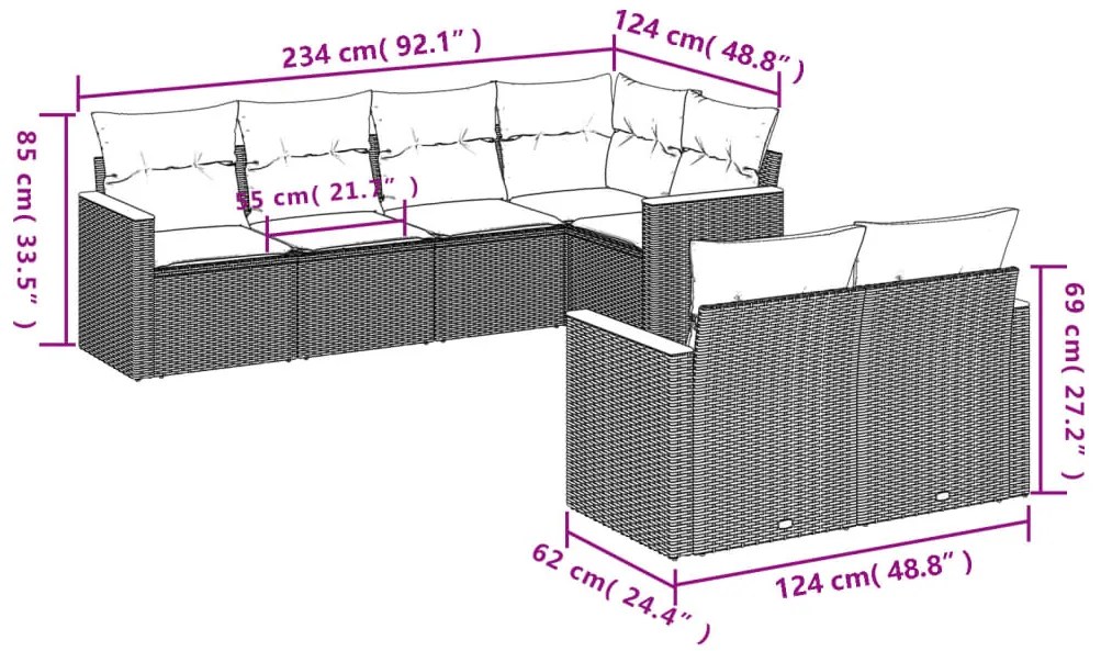 vidaXL Καναπές Σετ 7 Τεμαχίων Μαύρο Συνθετικό Ρατάν με Μαξιλάρια