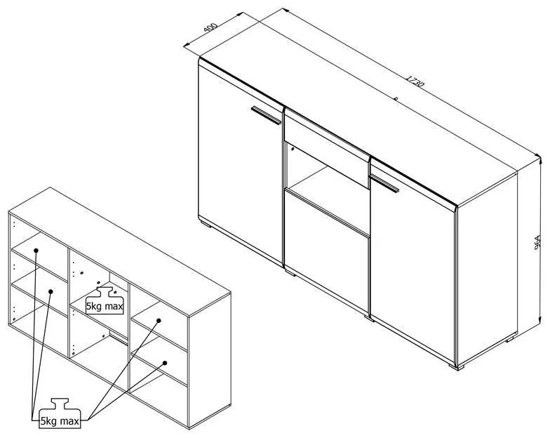 Κομότα - Συρταριέρα Enzo 3K1F Λευκό - Black Grey Wood - Λευκή Λάκα 173x41,5x96,5 εκ. 173x41.5x96.5 εκ.