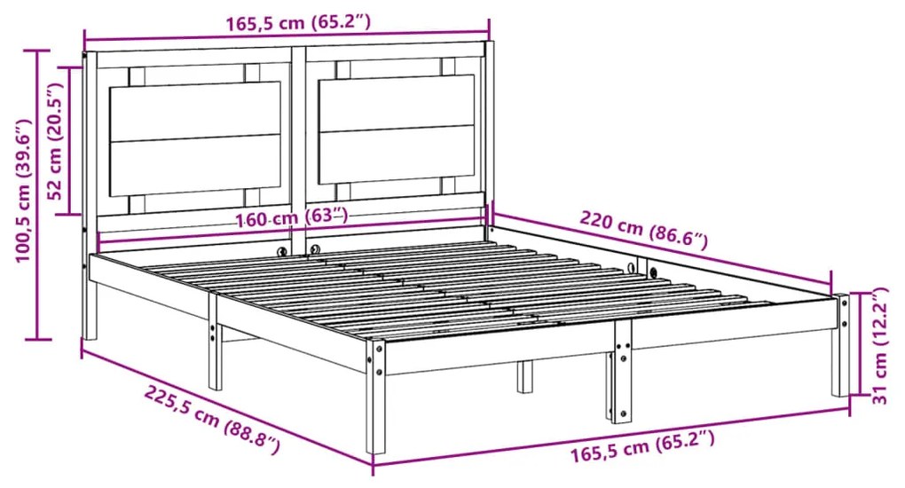 Πλαίσιο Κρεβατιού Μακρύ Χωρίς Στρώμα 160x220 εκ Μασίφ Ξύλο - Καφέ