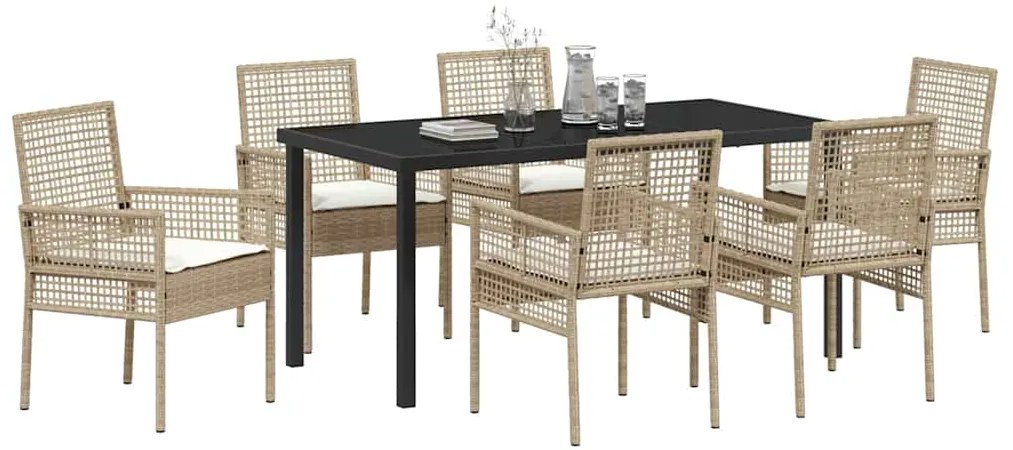 vidaXL Σέτ φαγητού για κήπο με μαξιλάρι 7 pcs Μπεζ συνθετικό ρατάν