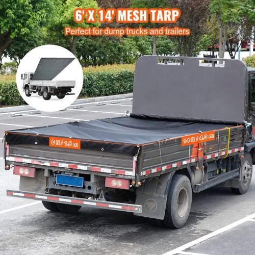 VEVOR Dump Truck Mesh Tarp, 6 x 14 ft, PVC Coated Black Heavy Duty Cover with 5.5&quot; 18oz Double Pocket, Brass Grommets, Reinforced Double Needle Stitch Webbing Fits Manual or Electric Dump Truck System