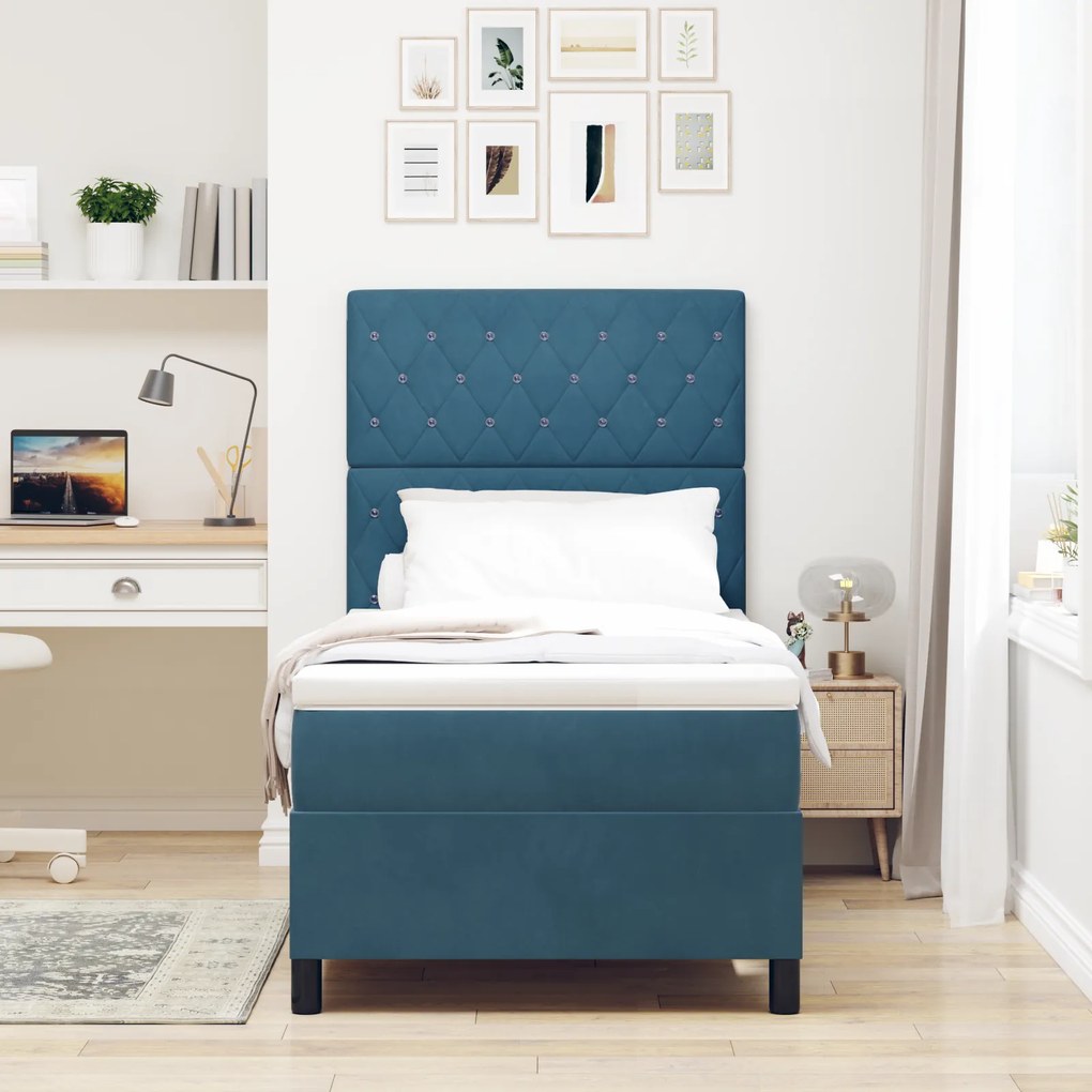vidaXL Κρεβάτι Box Spring με στρώμα Σκούρο Μπλε 90x200 εκ. Βελούδο