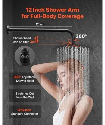 VEVOR Shower Faucet Set 8&quot; Round Rain Shower Head and Hand Set Matte Black