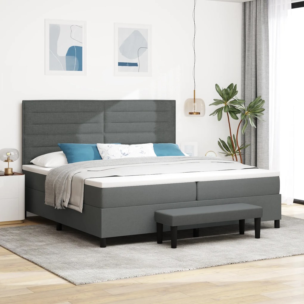 vidaXL Κρεβάτι Box Spring της με Στρώμα & Πάγκο Σκούρο Γκρι 200x200 εκ. Ύφασμα