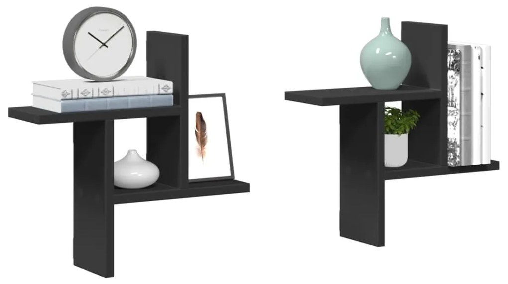 Ραφιέρες Τοίχου 2 τεμ. Μαύρες 38x12x38 εκ. από Επεξ. Ξύλο