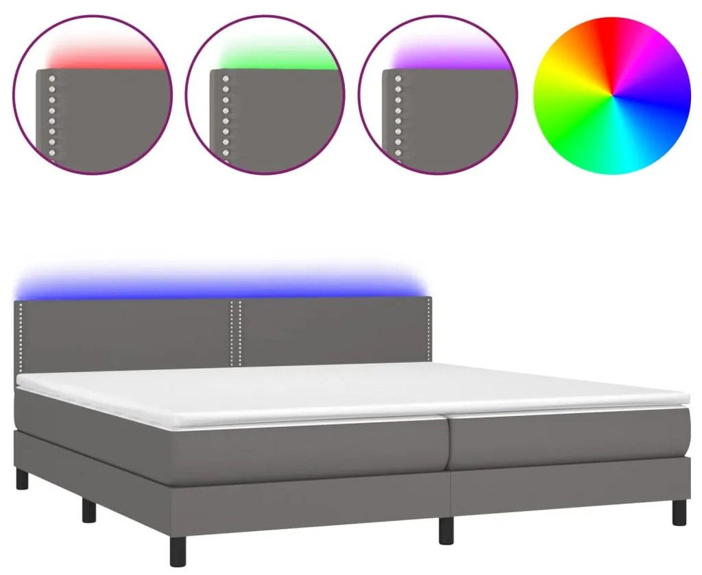 Κρεβάτι Boxspring με Στρώμα &amp; LED Γκρι 200x200 εκ. Συνθ. Δέρμα - Γκρι