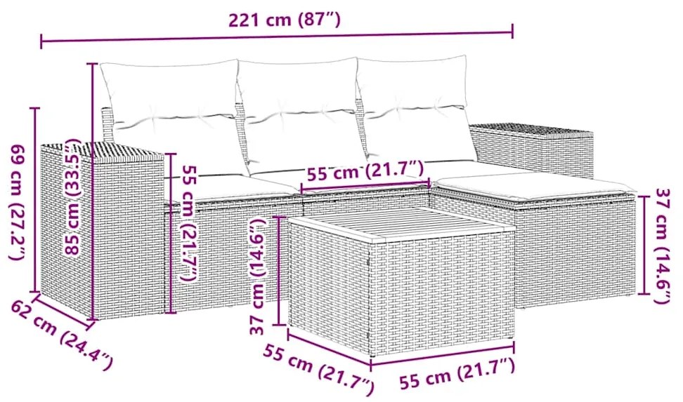 vidaXL Σετ Καναπέ Κήπου 5 Τεμαχίων Μαύρο Συνθετικό Ρατάν με Μαξιλάρια