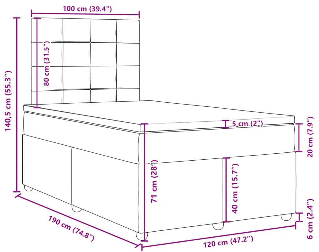 Κρεβάτι Boxspring με Στρώμα Σκούρο Γκρι 120x190 εκ Υφασμάτινο - Γκρι