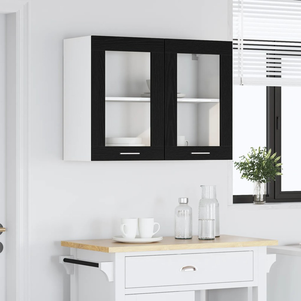 vidaXL Μαύρη Δρύινη Κρεμαστή Καμπίνα Γυαλιού 80x31x60 cm από Επεξεργασμένο Ξύλο
