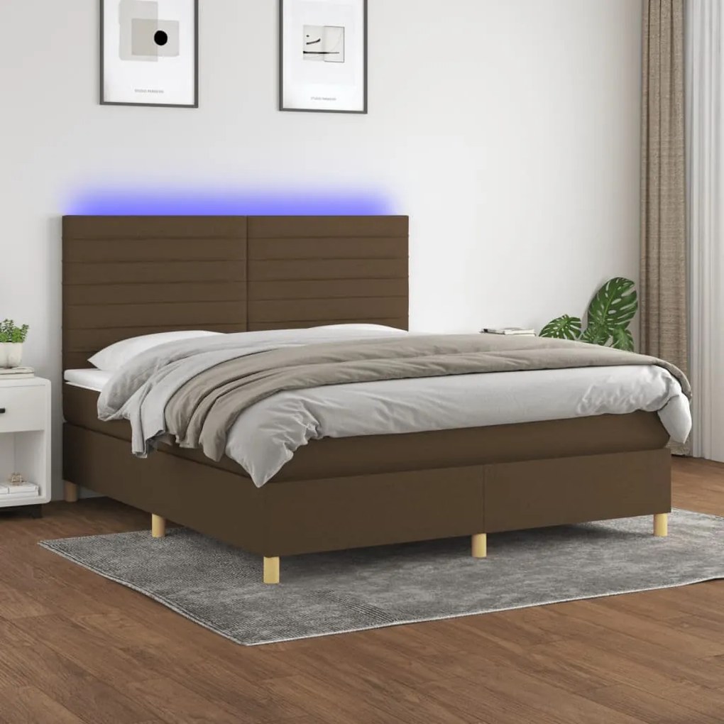 vidaXL Κρεβάτι Boxspring με Στρώμα & LED Σκ.Καφέ 180x200εκ. Υφασμάτινο