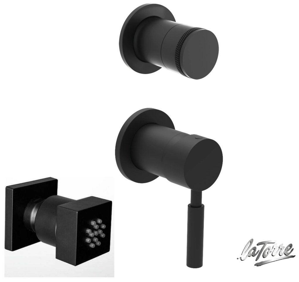 La Torre NEW TECH Black matt 12051SP-400 34374-400 Μίκτης εντοιχισμού+εκτροπέας περιστροφικός 2 εξόδων+Jet επιτοίχιο Τετράγωνο