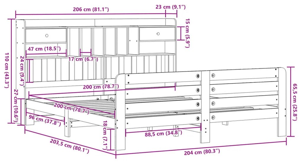 Κρεβάτι Βιβλιοθήκη Χωρίς Στρώμα 200x200 εκ Μασίφ Ξύλο Πεύκου - Καφέ